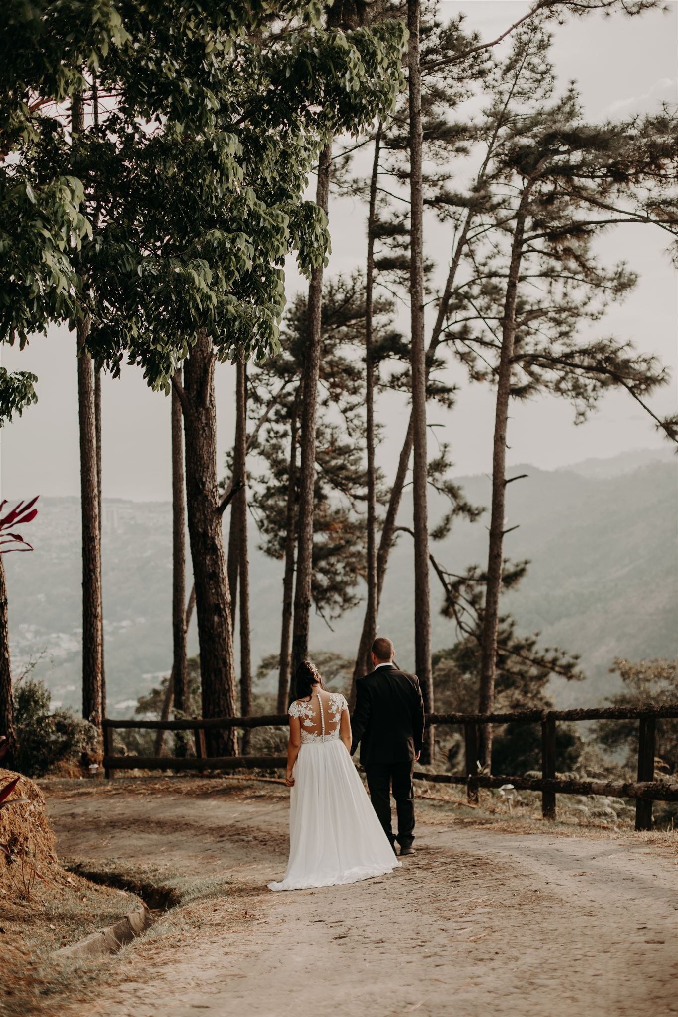 newlyweds walk down a dirt path together, hand in hand. bride and groom are both decked in their wedding attire. their surrounded by super tall trees with barely any leaves.
