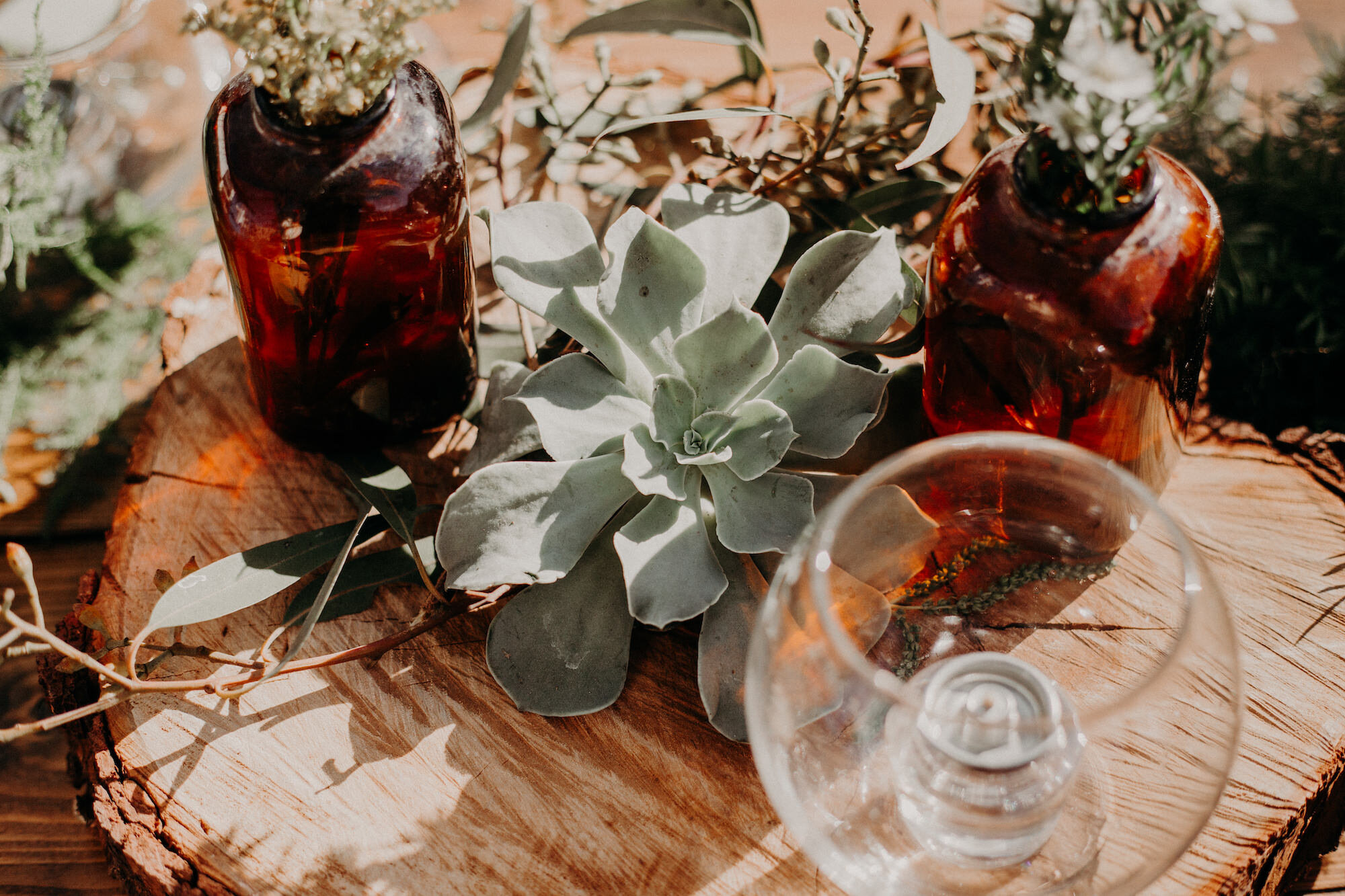 sustainable wooden slab wedding centerpiece with succulents and reusable glassware filled with plants contribute to the zero waste wedding